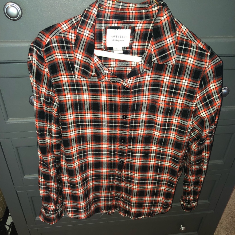 Red, Black, and white long sleeved button up